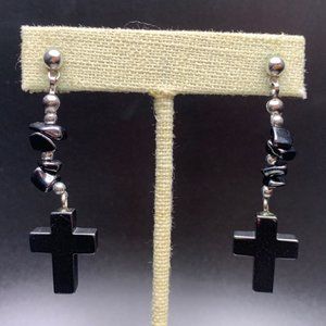 Hematite Cross Earrings Dangle Silver Tone Chip Beaded Pierced Christian Jewelry